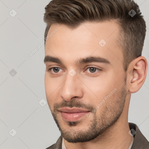 Neutral white young-adult male with short  brown hair and brown eyes