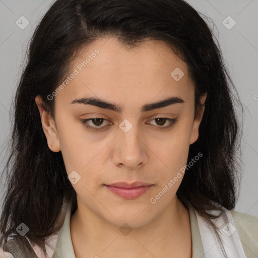 Neutral white young-adult female with medium  brown hair and brown eyes