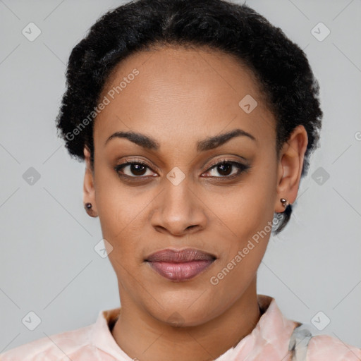 Joyful latino young-adult female with short  black hair and brown eyes