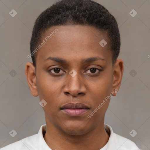 Neutral black young-adult female with short  brown hair and brown eyes