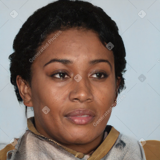 Neutral latino young-adult female with short  brown hair and brown eyes