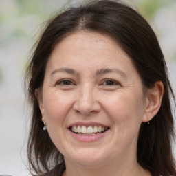 Joyful white adult female with medium  brown hair and brown eyes