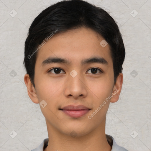 Joyful asian young-adult male with short  black hair and brown eyes