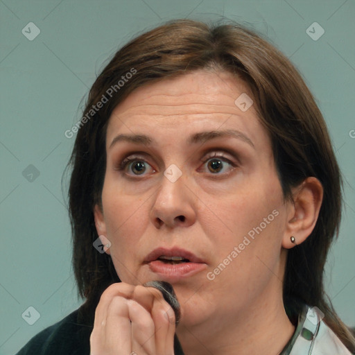 Neutral white adult female with medium  brown hair and brown eyes