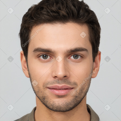 Neutral white young-adult male with short  brown hair and brown eyes