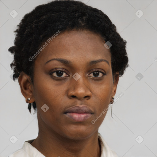 Neutral black young-adult female with short  black hair and brown eyes