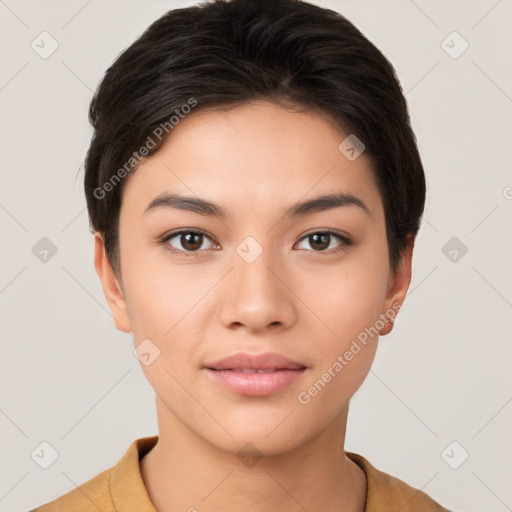 Neutral white young-adult female with short  brown hair and brown eyes