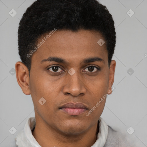 Joyful latino young-adult male with short  brown hair and brown eyes