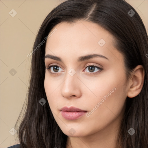 Neutral white young-adult female with long  black hair and brown eyes