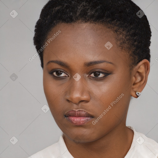 Neutral black young-adult female with short  black hair and brown eyes