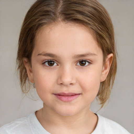 Joyful white child female with medium  brown hair and brown eyes