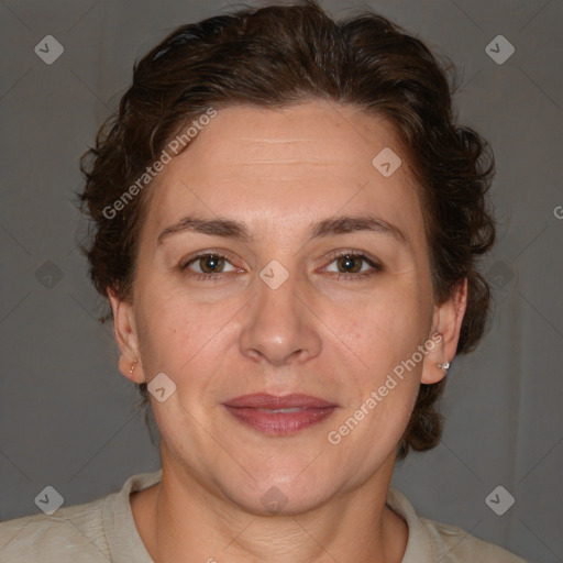 Joyful white adult female with short  brown hair and brown eyes