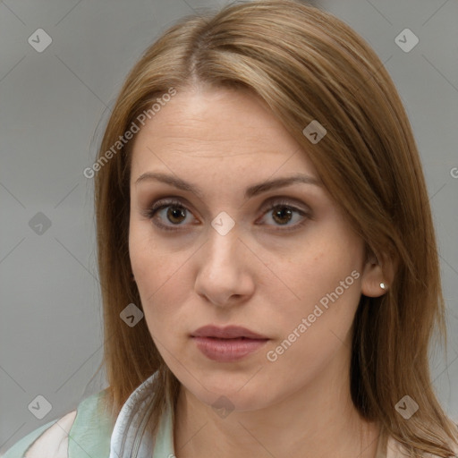 Neutral white young-adult female with long  brown hair and brown eyes