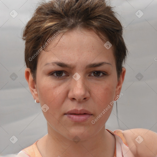 Neutral white young-adult female with short  brown hair and brown eyes