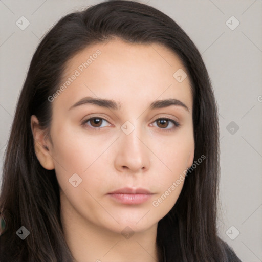 Neutral white young-adult female with long  brown hair and brown eyes