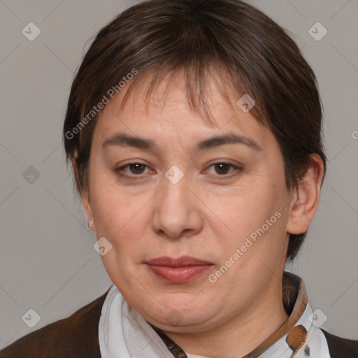 Joyful white adult female with medium  brown hair and brown eyes