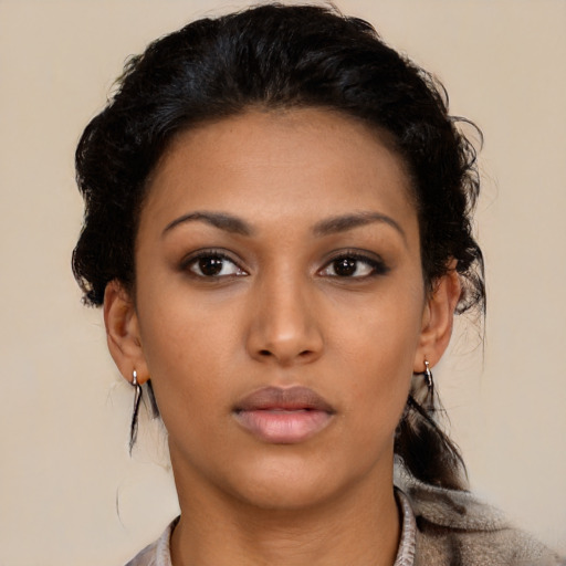 Neutral latino young-adult female with short  brown hair and brown eyes