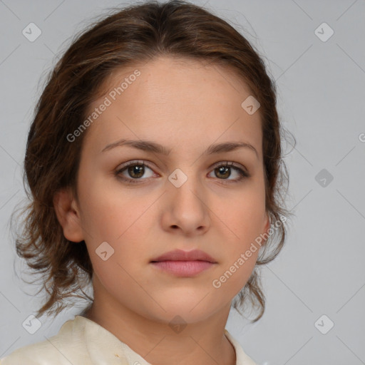 Neutral white young-adult female with medium  brown hair and brown eyes