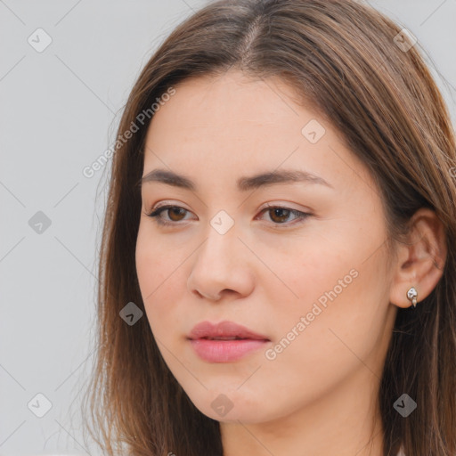 Neutral white young-adult female with long  brown hair and brown eyes