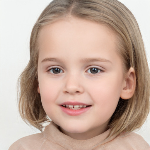 Joyful white child female with medium  brown hair and brown eyes