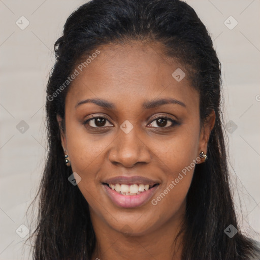 Joyful latino young-adult female with long  brown hair and brown eyes