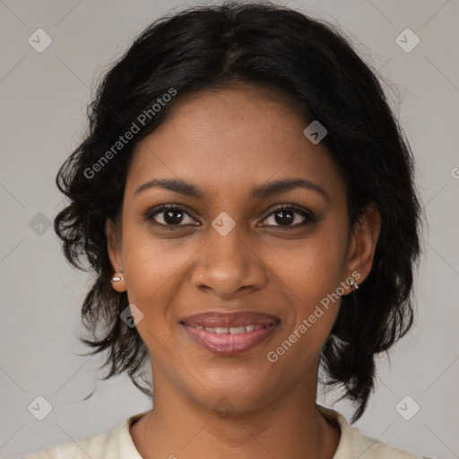 Joyful black young-adult female with medium  brown hair and brown eyes