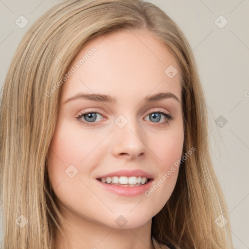 Joyful white young-adult female with long  brown hair and green eyes