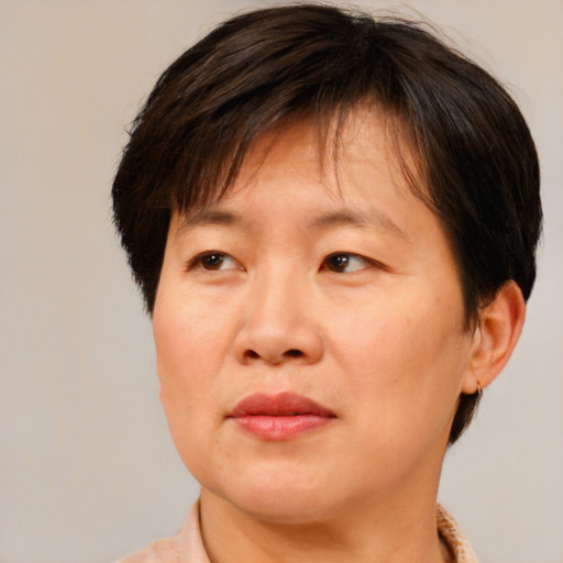 Joyful asian adult female with short  brown hair and brown eyes