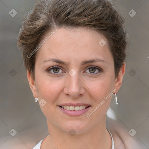 Joyful white young-adult female with short  brown hair and grey eyes