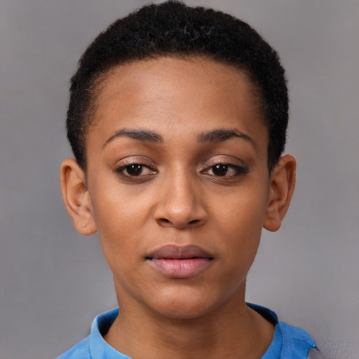 Neutral black young-adult female with short  brown hair and brown eyes