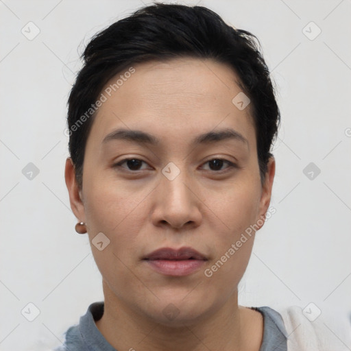 Neutral asian young-adult female with short  black hair and brown eyes