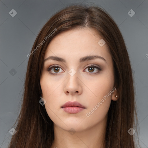 Neutral white young-adult female with long  brown hair and brown eyes