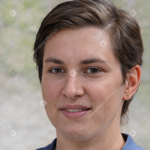 Joyful white young-adult female with medium  brown hair and grey eyes