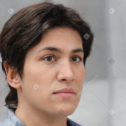 Neutral white young-adult female with medium  brown hair and brown eyes