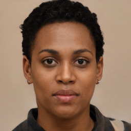 Neutral black young-adult female with short  black hair and brown eyes