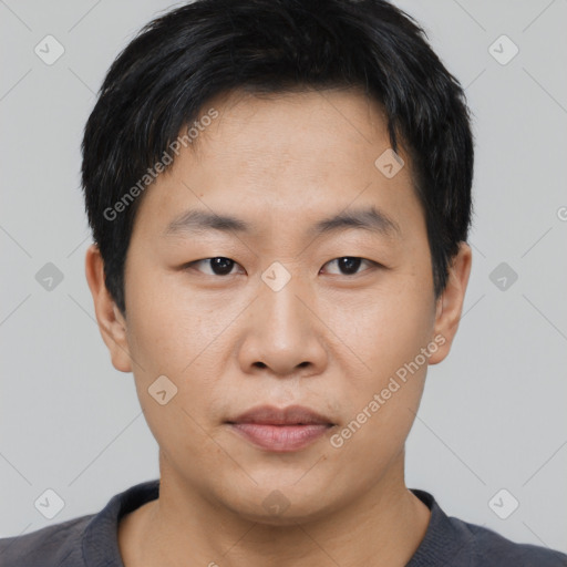 Neutral asian young-adult male with short  black hair and brown eyes