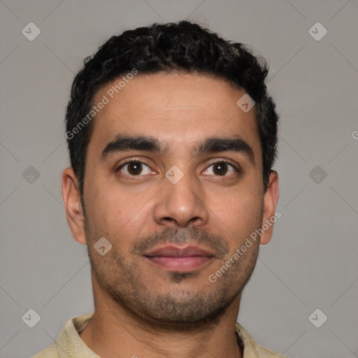 Neutral latino young-adult male with short  black hair and brown eyes