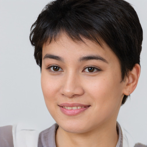 Joyful asian young-adult female with short  brown hair and brown eyes