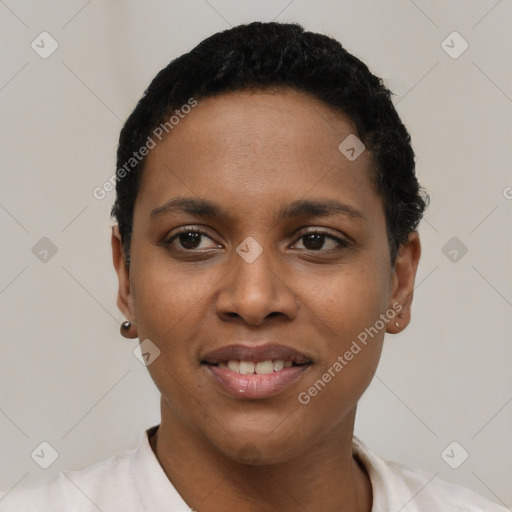 Joyful latino young-adult female with short  black hair and brown eyes