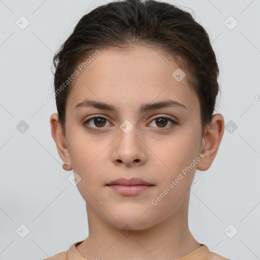 Neutral white young-adult female with short  brown hair and brown eyes