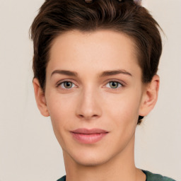 Neutral white young-adult female with short  brown hair and brown eyes