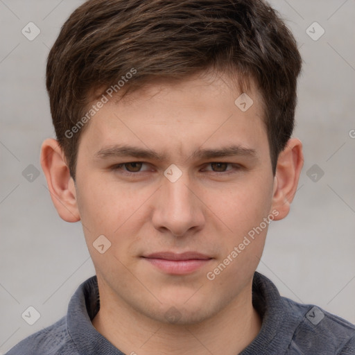 Neutral white young-adult male with short  brown hair and grey eyes