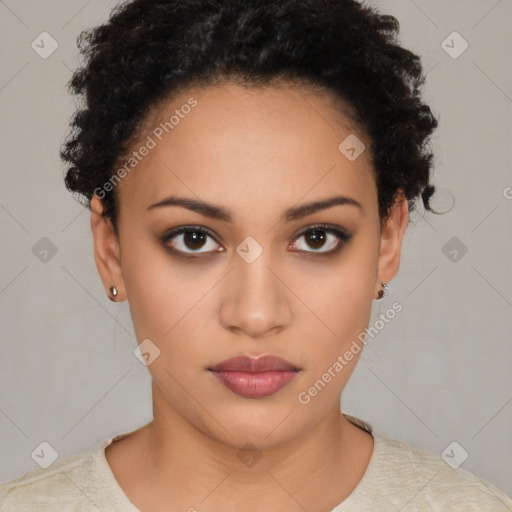 Neutral latino young-adult female with short  black hair and brown eyes