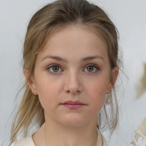 Neutral white young-adult female with medium  brown hair and grey eyes