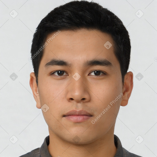 Neutral asian young-adult male with short  black hair and brown eyes