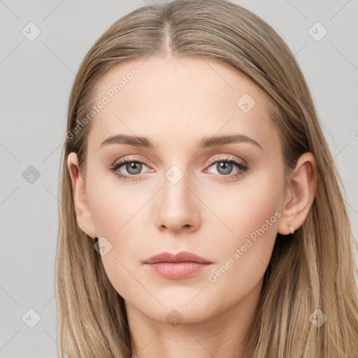 Neutral white young-adult female with long  brown hair and grey eyes