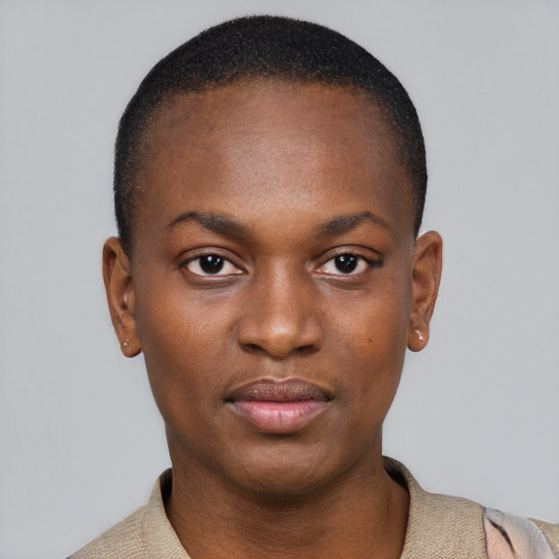 Neutral black young-adult female with short  black hair and brown eyes