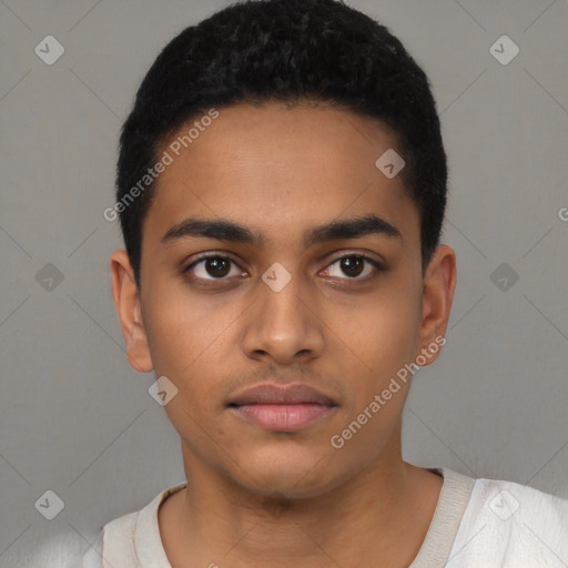 Neutral latino young-adult male with short  black hair and brown eyes