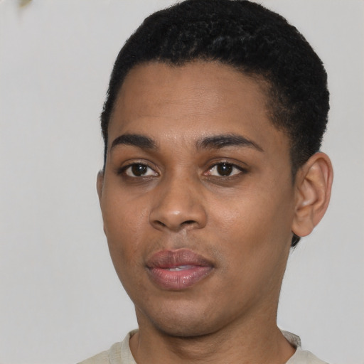 Neutral black young-adult female with short  black hair and brown eyes