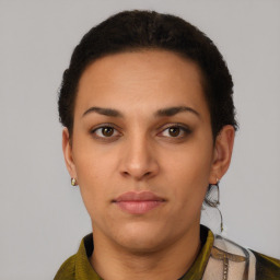 Neutral latino young-adult female with short  brown hair and brown eyes